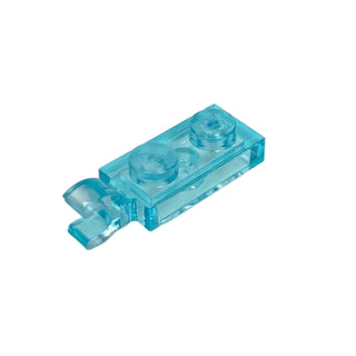 Transparent turquoise plastic plate with two stud connectors and horizontal clip grip attachment on end.