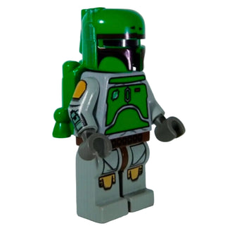 LEGO Star Wars Boba Fett minifigure with green helmet, gray and green printed torso, and gray printed legs with yellow detail