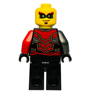 Yellow minifigure head with red eyebrows and green mask, red and black patterned torso, red left arm, black right arm, black 