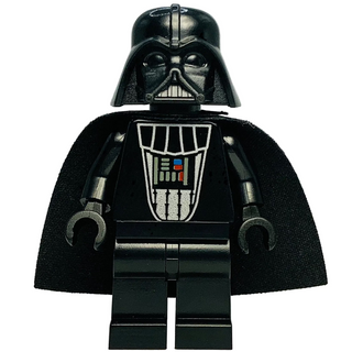 LEGO Darth Vader minifigure with black helmet, silver torso armor, dark gray chest panel, and black cape.