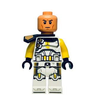 LEGO Clone Trooper minifigure with nougat head, yellow and white armor, black arms, and angry expression.