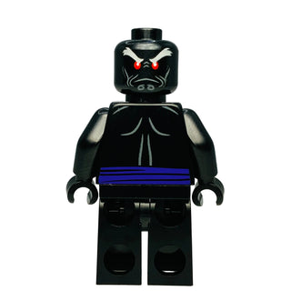 LEGO Ninjago Lord Garmadon minifigure with dark gray helmet, red eyes, black torso with white stripes, and blue belt.