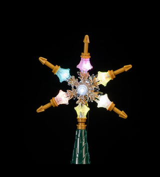 LED lighting kit with multicolored bulbs and gold connectors attached to a snowflake-shaped center piece with green base.