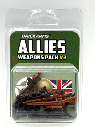 BrickArms Allies Weapons Pack V3 containing black and brown minifigure weapons with British flag and helmet in clear plastic 