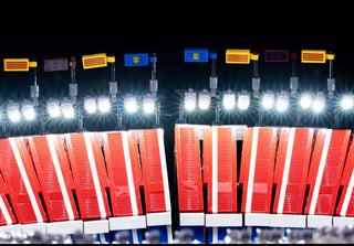 LED lighting kit with white stadium lights, red and white seating sections, and blue and yellow team flags for LEGO stadium s