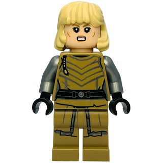Lego minifigure with yellow bob hair, tan tunic with gray chevron pattern, gray shoulder armor, and black hands.