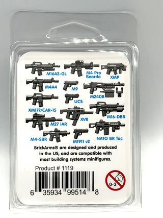 Collection of 14 black minifigure weapons including rifles, pistols, and accessories labeled with model names in clear plasti