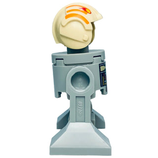 Gray and white bucket-shaped toy with cream-colored head topper and orange wave design, mounted on pedestal base.