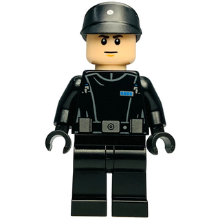 LEGO minifigure wearing dark military uniform, helmet, and belt with small blue insignia on chest.