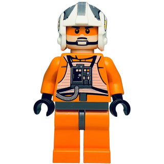LEGO minifigure with white and teal helmet, orange face with mustache, orange torso with control panel print, and orange legs