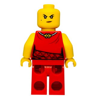 Yellow LEGO minifigure with angry expression, red torso with gold necklace detail, and red legs with circular patterns.
