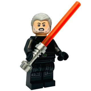 Minifigure with white hair and beard wearing black robes, holding an orange lightsaber with silver grip.