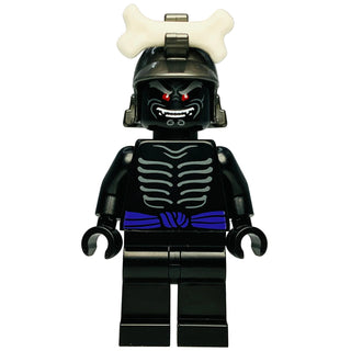 LEGO Ninjago Lord Garmadon minifigure with dark gray helmet, skeleton torso print, and bone accessory.