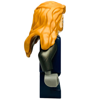 LEGO minifigure with long golden hair, dark green armor, and dark blue torso and legs.