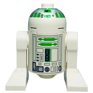 LEGO R2-R7 minifigure with white dome head, green and black details, and articulated white legs.