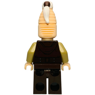 LEGO Ki-Adi-Mundi minifigure with elongated head, tan robes, olive-green arms, black torso with belt, and brown printed legs.