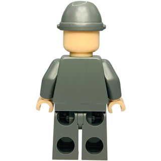 LEGO minifigure wearing olive green military uniform with helmet, tan head and hands, and black patterned legs.
