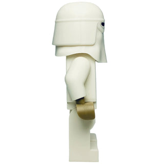 White LEGO minifigure wearing an armored helmet with neck guard and tan utility belt.