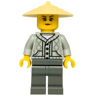 LEGO Ninjago minifigure with yellow head, light gray sweater with diamond pattern, dark gray pants, and conical hat.