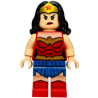 LEGO minifigure wearing yellow tiara with red star, red sleeveless top, blue pleated skirt, and red boots.