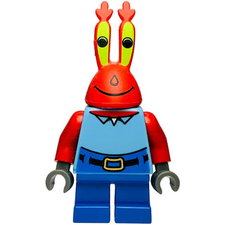 Red crab character figurine with yellow eye stalks, blue shirt, and gray claw hands.