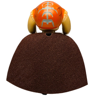 LEGO minifigure with orange helmet featuring cross patterns, tan ear pieces, and brown textured cape.