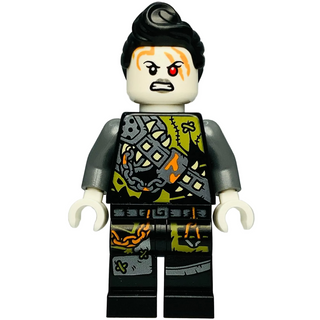 LEGO Ninjago minifigure with black spiked hair, white face with orange and red markings, gray armor torso, and black patterne