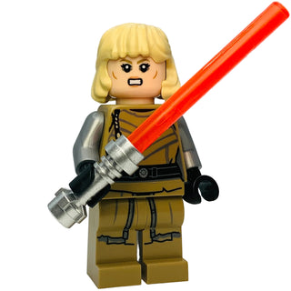 Minifigure with blonde hair, tan robes, black hands, holding a red lightsaber and silver staff accessory.