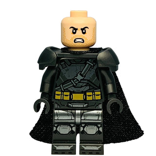 LEGO Batman minifigure with pearl dark gray armor, yellow belt, angry face, and black sparkly cape.
