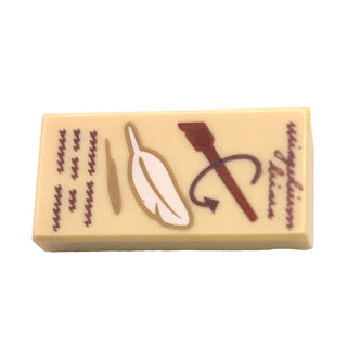 Tile 1 x 2 with Dark Brown Script 'wingardium leviosa' and Scribbles, Reddish Brown Wand, White Feather Pattern, Part# 3069pb0649