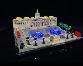 LEGO Trafalgar Square set with blue, yellow, and white LED lighting installed throughout buildings and plaza.