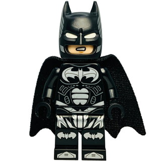 LEGO Batman minifigure with black cowl, black suit with silver bat emblem and armor details, and textured black cape.