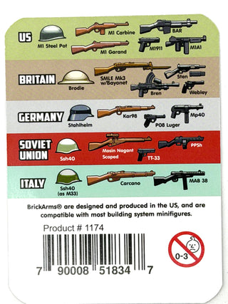 BrickArms WWII weapons pack featuring rifles, helmets, and guns for US, British, German, Soviet, and Italian forces.