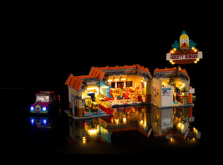 LEGO Krusty Burger set with warm white and colored LED lights installed throughout building and sign, displayed with illumina