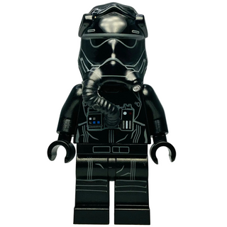 Black minifigure with TIE fighter pilot helmet featuring two horizontal lines, printed torso with control panel details, and 