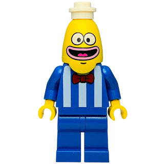 Yellow-headed minifigure with large eyes and pink mouth wearing blue striped shirt, red bow tie, and blue pants with yellow h