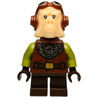 Tan and brown character figurine with lime green arms, brown goggles, and patterned chest armor.