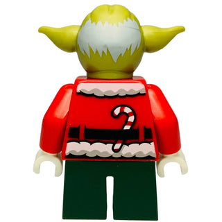 LEGO minifigure with olive green head, pointed ears, red Santa jacket with candy cane design, and dark green shorts.