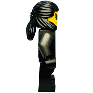 LEGO Ninjago minifigure with black striped hair, yellow face marking, and black armor suit.