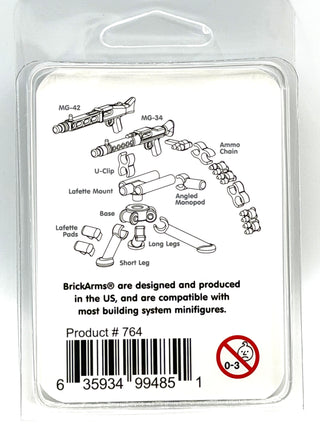 BrickArms minifigure accessory pack containing MG-42 and MG-34 machine guns, tripod base with legs, ammunition chain, and mou