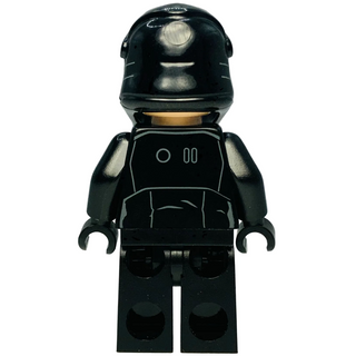 Black LEGO minifigure with rounded helmet featuring circular visor and two horizontal lines, tan neck piece, and printed tors
