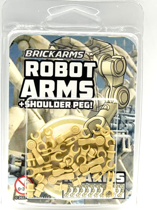 BRICKARMS Robot Arms pack containing tan mechanical arms with shoulder pegs for minifigure customization.