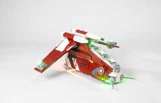 Red and white LEGO gunship with illuminated green and warm white LED lights installed throughout the structure.