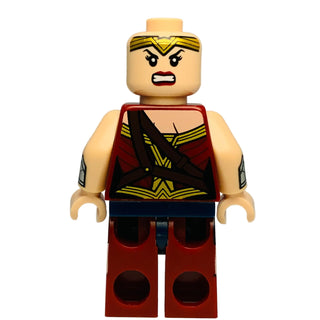 LEGO Wonder Woman minifigure with gold tiara, red and gold costume, and determined facial expression.