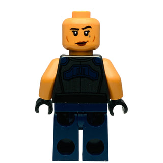 Minifigure with yellow head, black eyes and mouth, orange arms, black torso armor with blue details, and dark blue legs with 