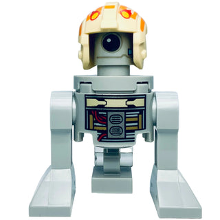 Small robot action figure with cream and orange helmet, blue chest panel with printed details, and gray cylindrical body with