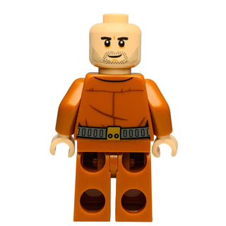 LEGO minifigure with tan head, stubbled face, orange jumpsuit with gray and yellow belt, and tan hands.