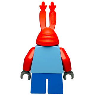 Red and blue Mr. Krabs minifigure with claw hands, light blue torso, and dark gray curved claws.