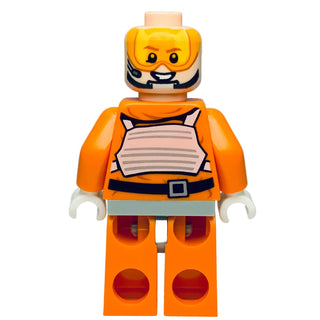 Minifigure with orange head and torso, black flight helmet details, orange arms, and orange legs with red circular vents.