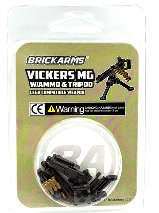 BrickArms Vickers MG machine gun with ammunition and tripod stand in black and gold plastic parts.